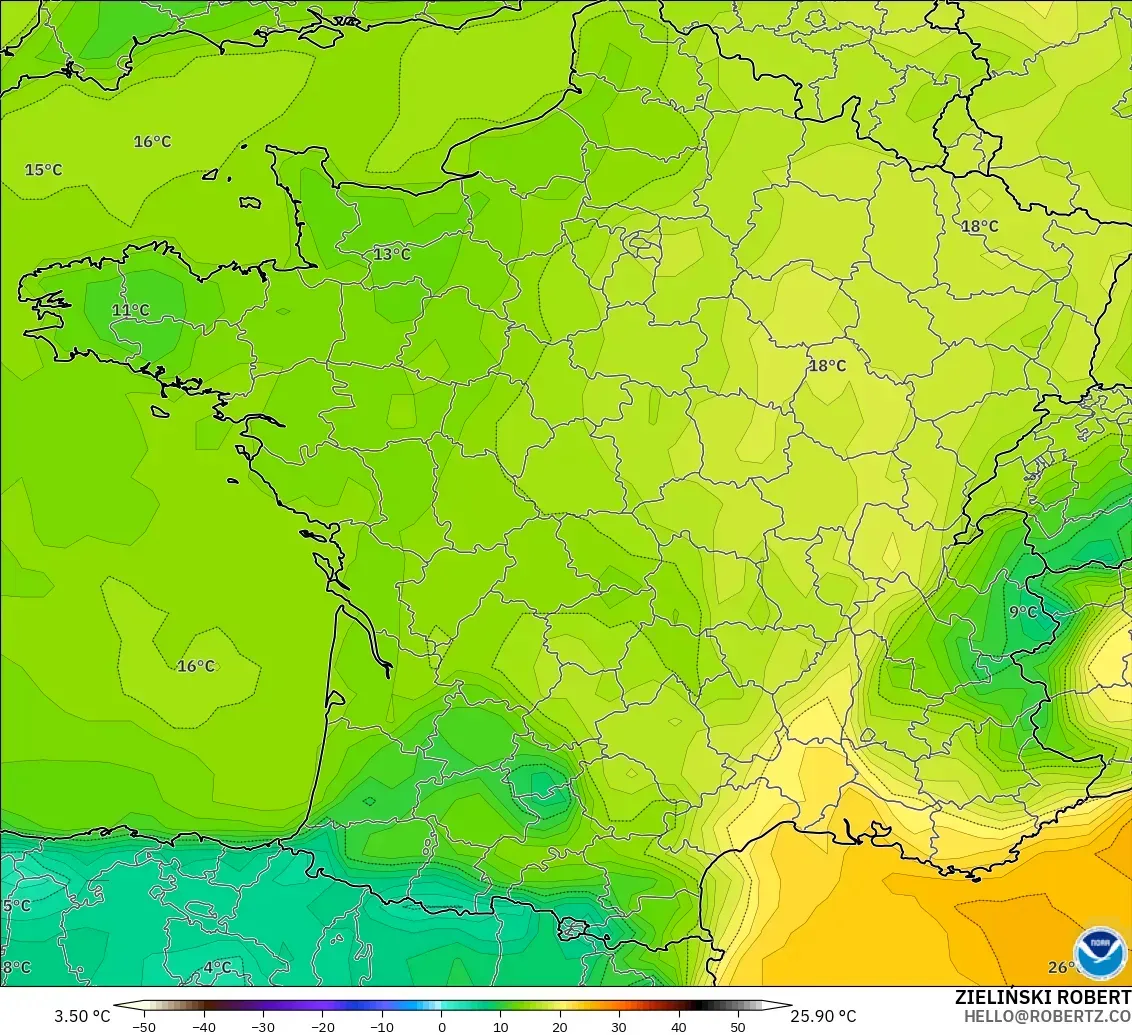 GFS model - France, Dewpoint at 2m