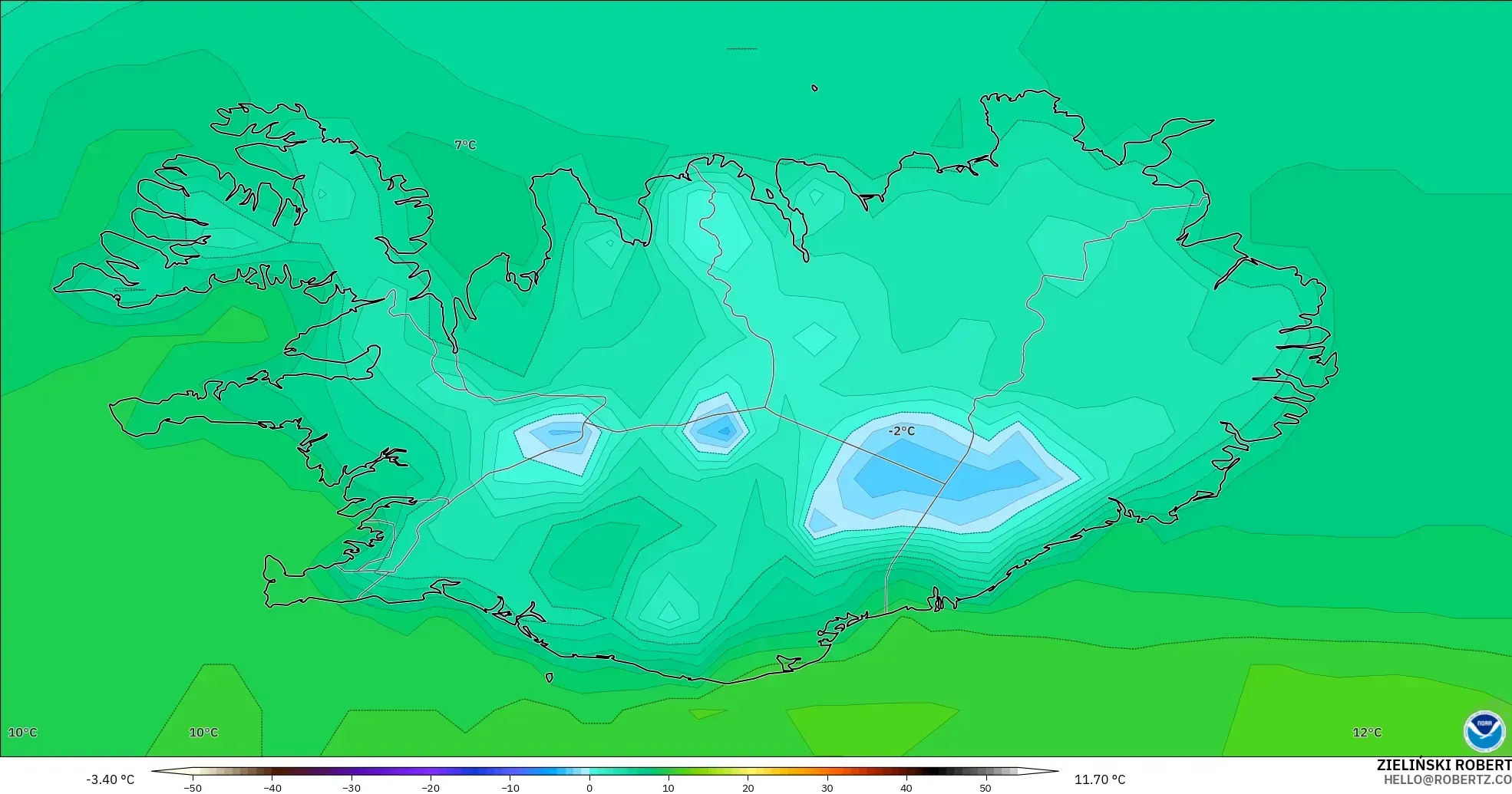 GFS model - Iceland, Temperature at 2m