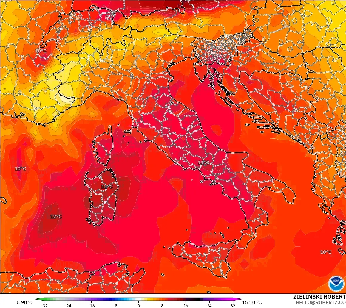 GFS model - Italy, Temperature at 850hPa Anomaly