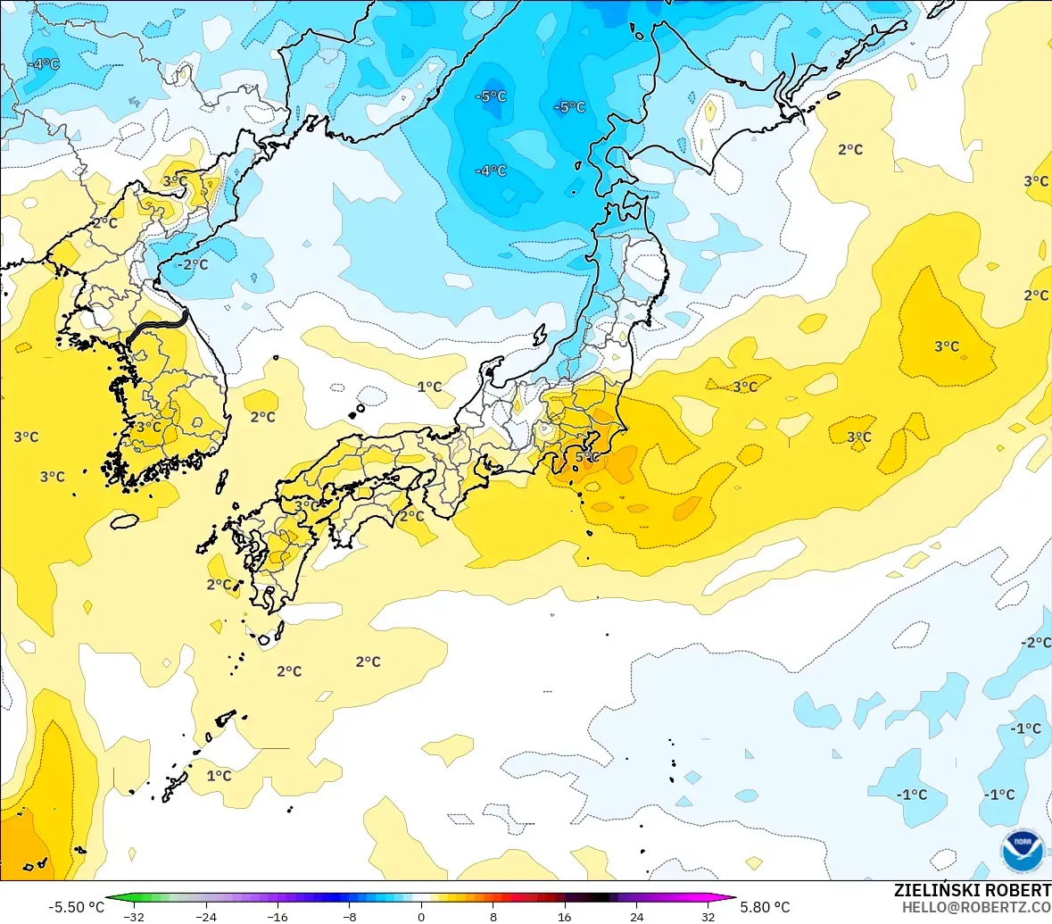 GFS model - Japan, Temperature at 850hPa Anomaly