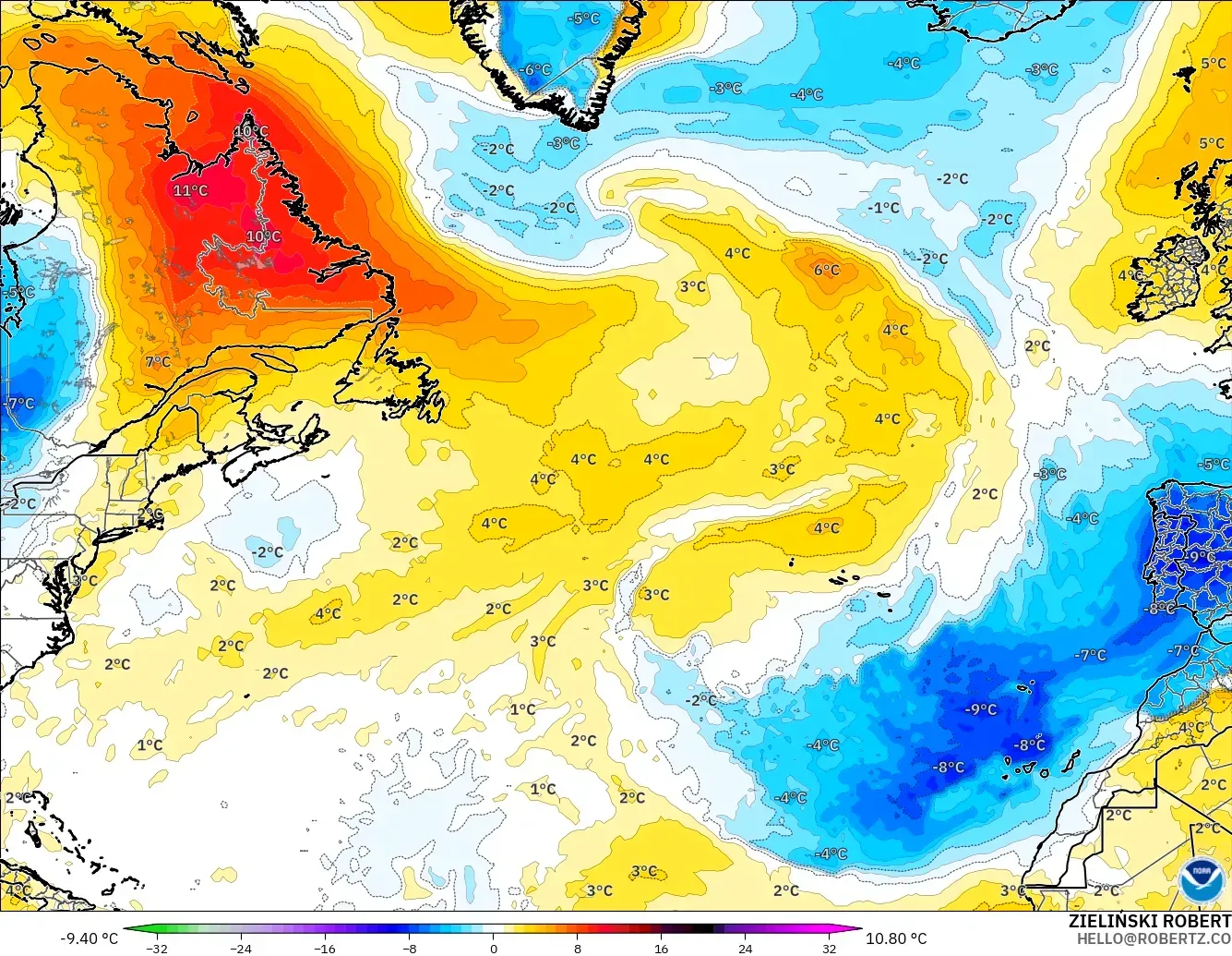 GFS model - North Atlantic, Temperature at 850hPa Anomaly