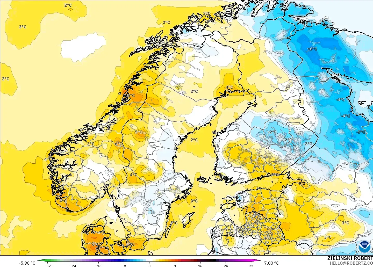 GFS model - Scandinavia, Temperature at 2m Anomaly