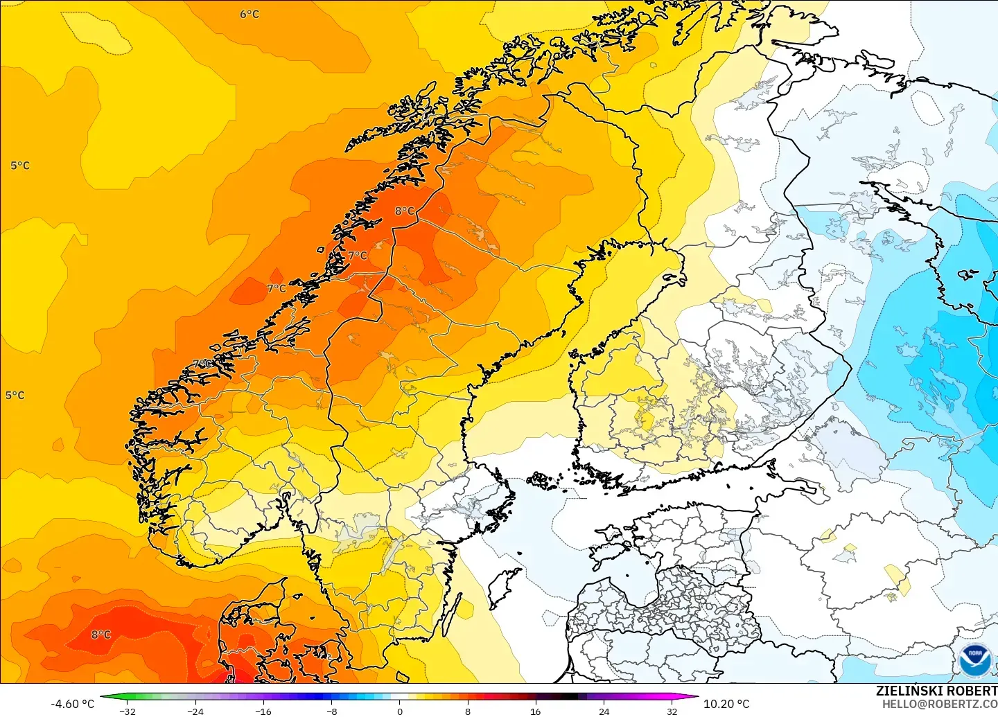 GFS model - Scandinavia, Temperature at 850hPa Anomaly