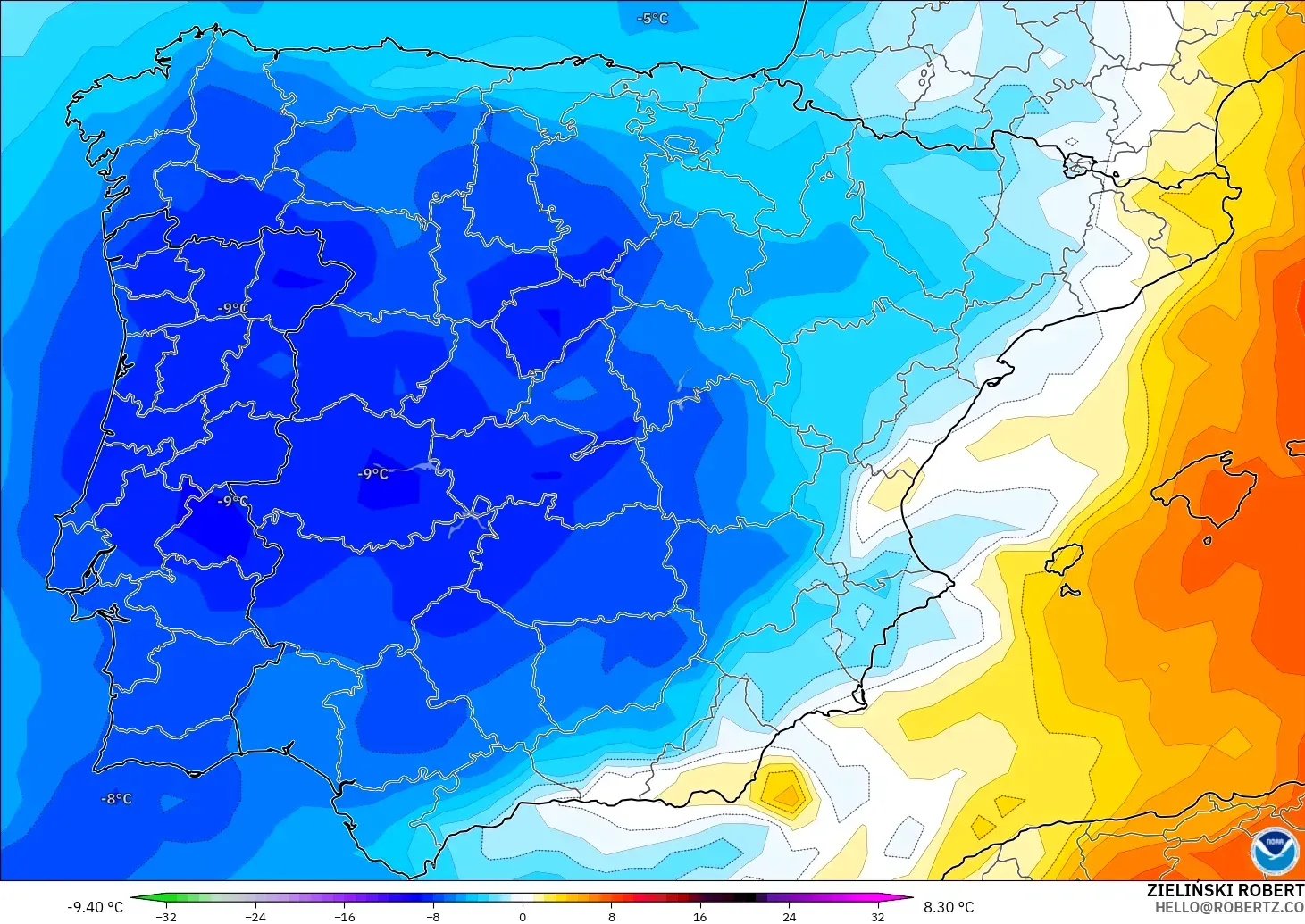GFS model - Spain, Temperature at 850hPa Anomaly