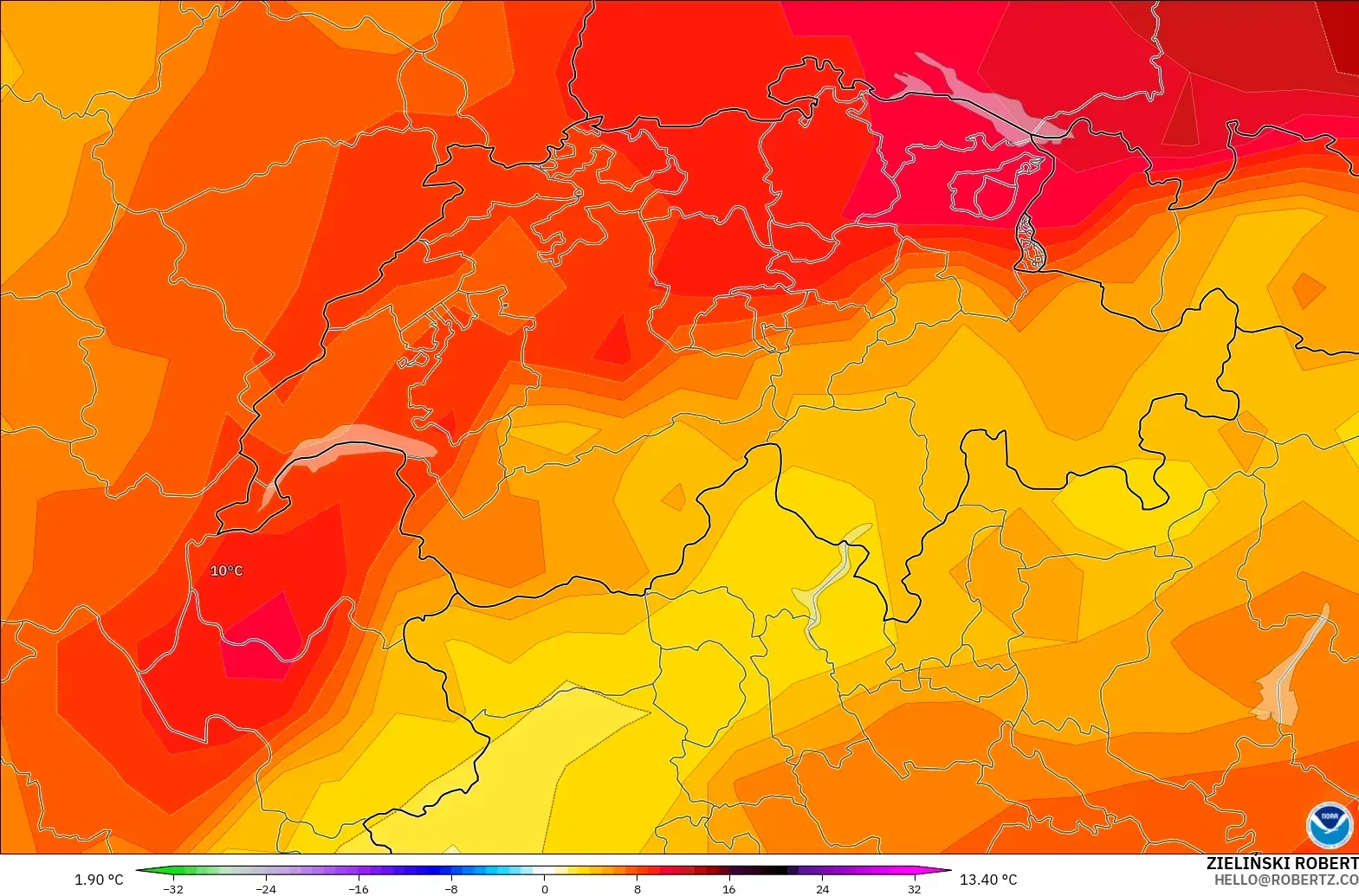 GFS model - Switzerland, Temperature at 850hPa Anomaly