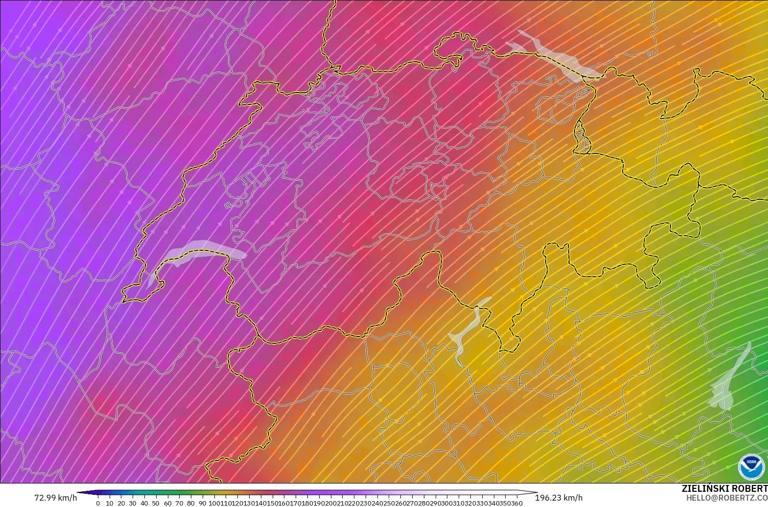 GFS model - Switzerland, Wind at 300hPa (jet stream)