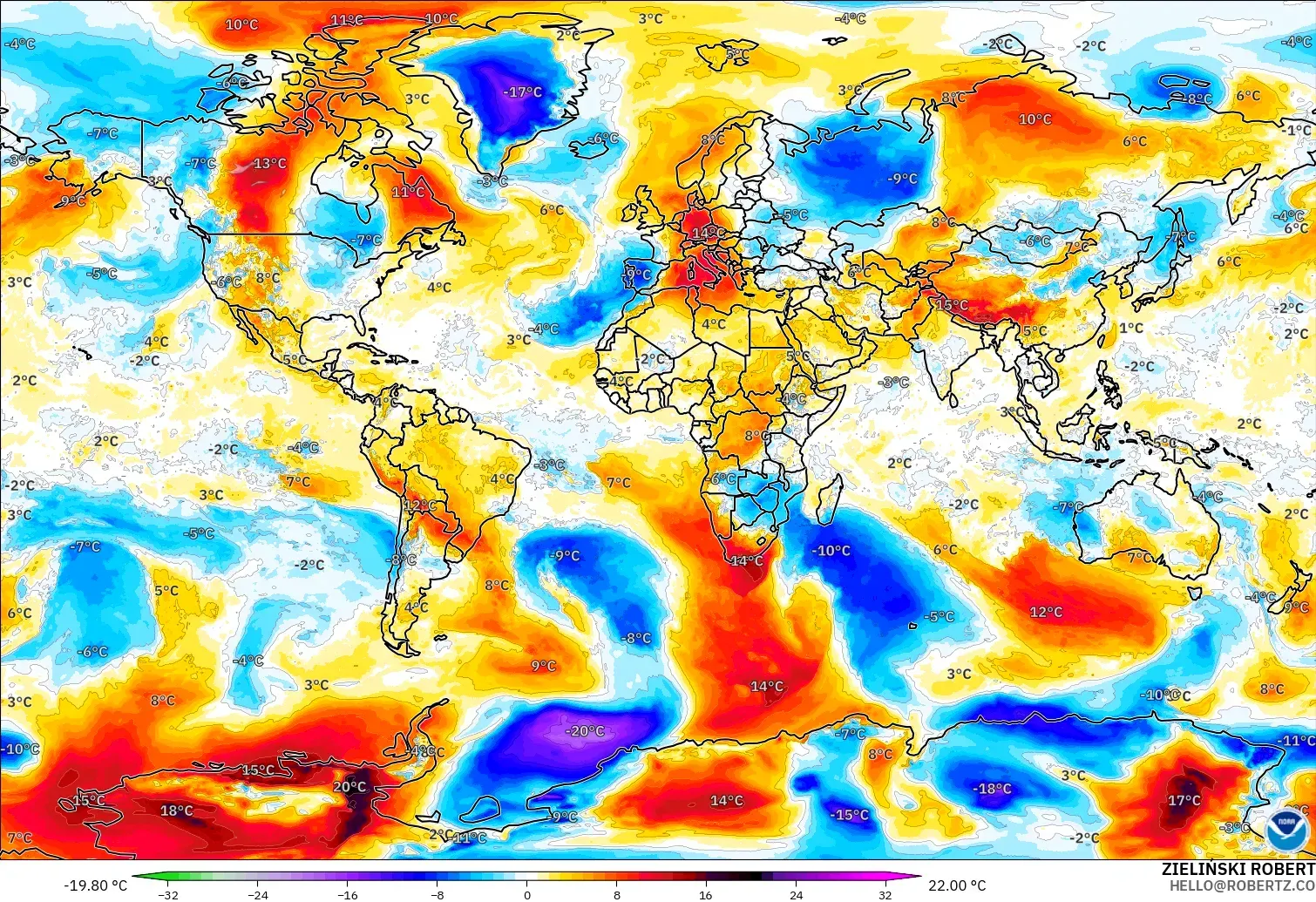 GFS model - World, Temperature at 850hPa Anomaly