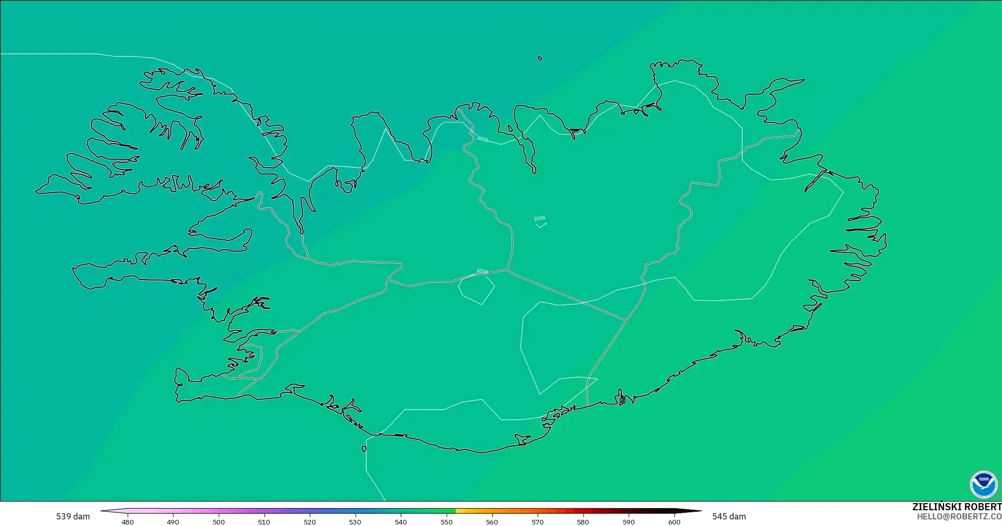 GFS model - Iceland, Geopotential height at 500hPa