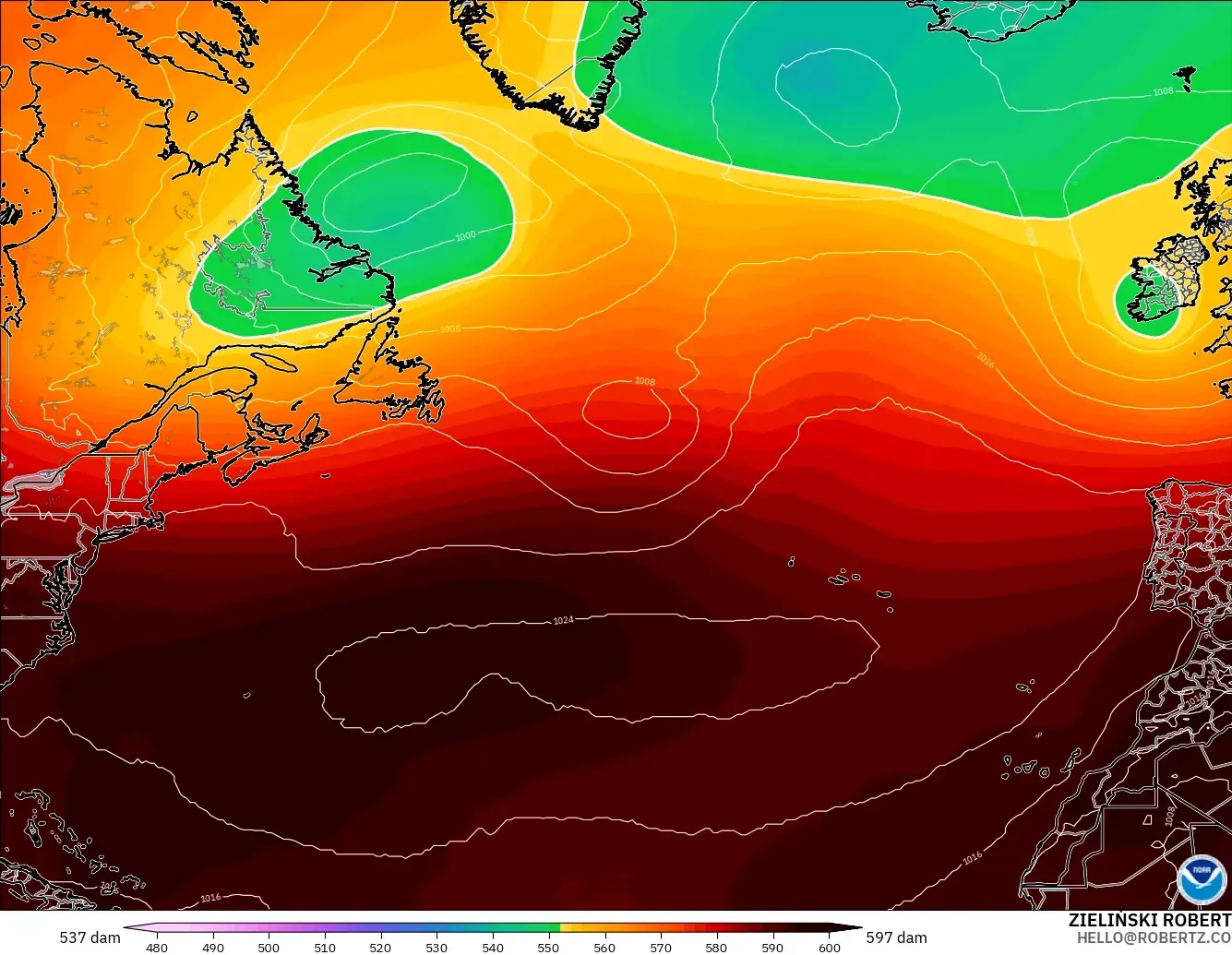 GFS model - North Atlantic, Geopotential height at 500hPa