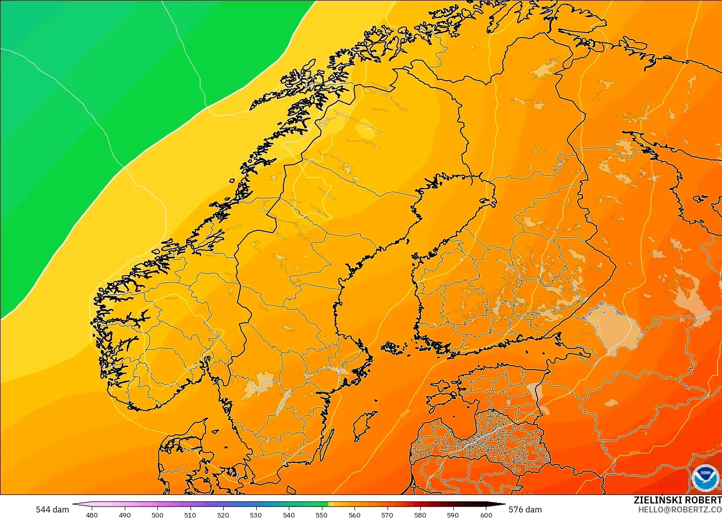 GFS model - Scandinavia, Geopotential height at 500hPa