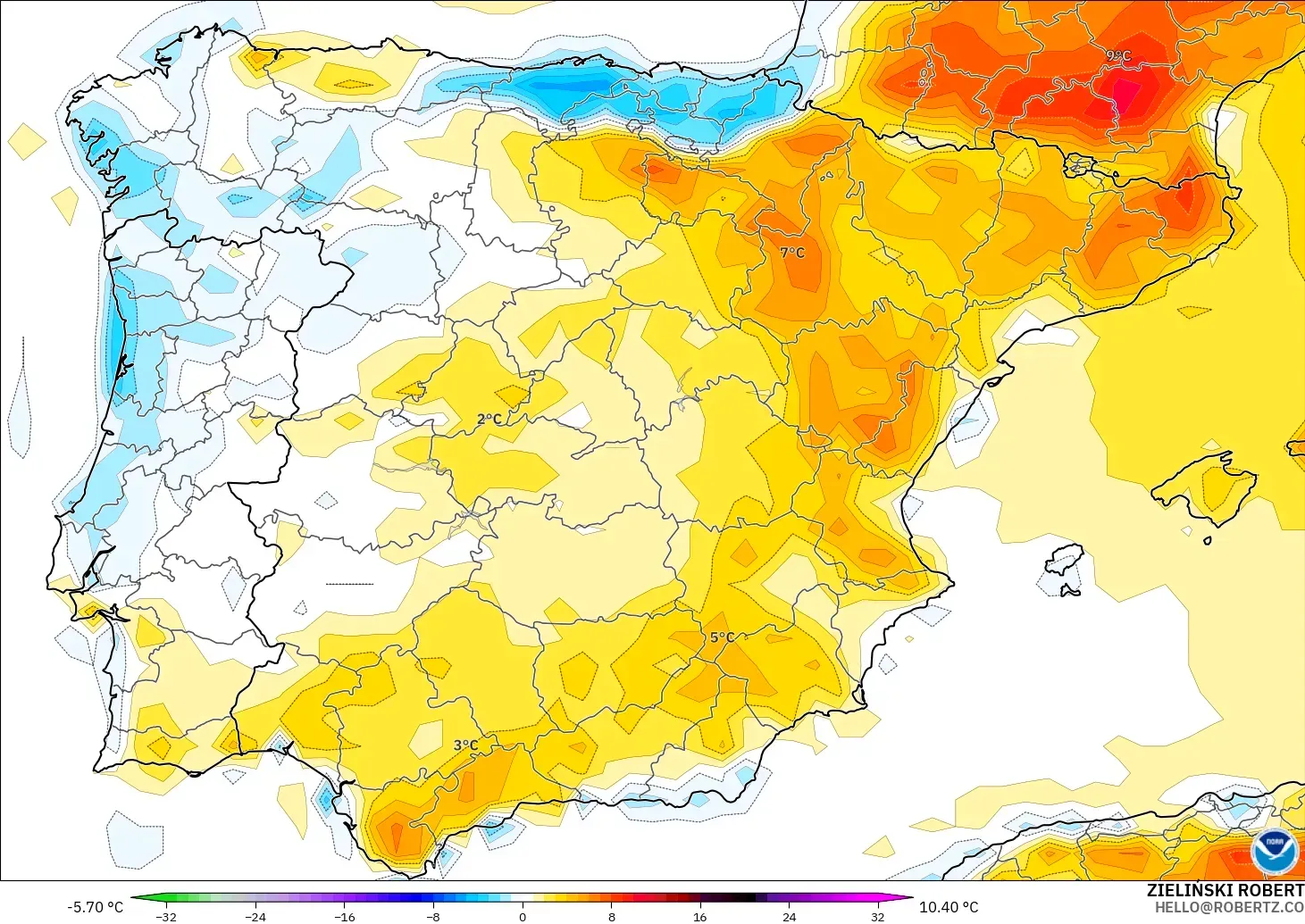GFS model - Spain, Temperature at 2m Anomaly