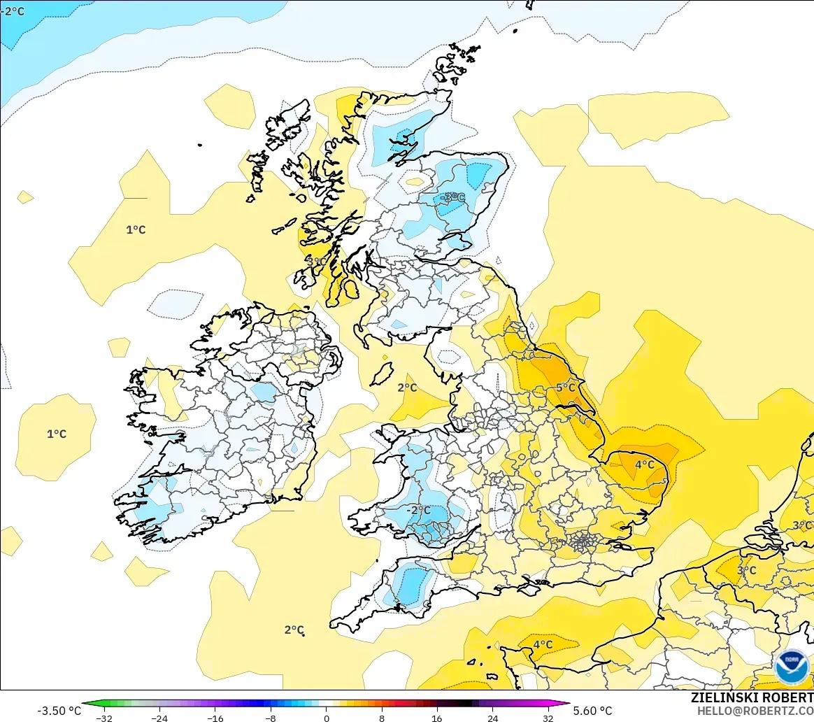 GFS model - United Kingdom, Temperature at 2m Anomaly