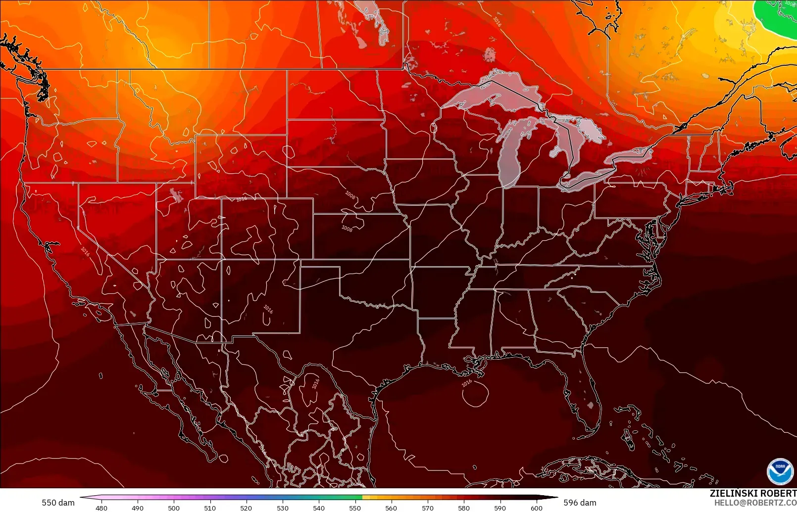 GFS model - United States, Geopotential height at 500hPa