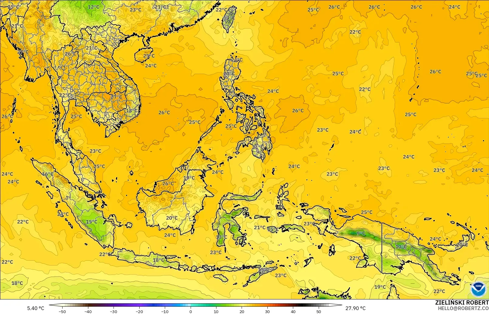 GFS model - South East Asia, Dewpoint at 2m
