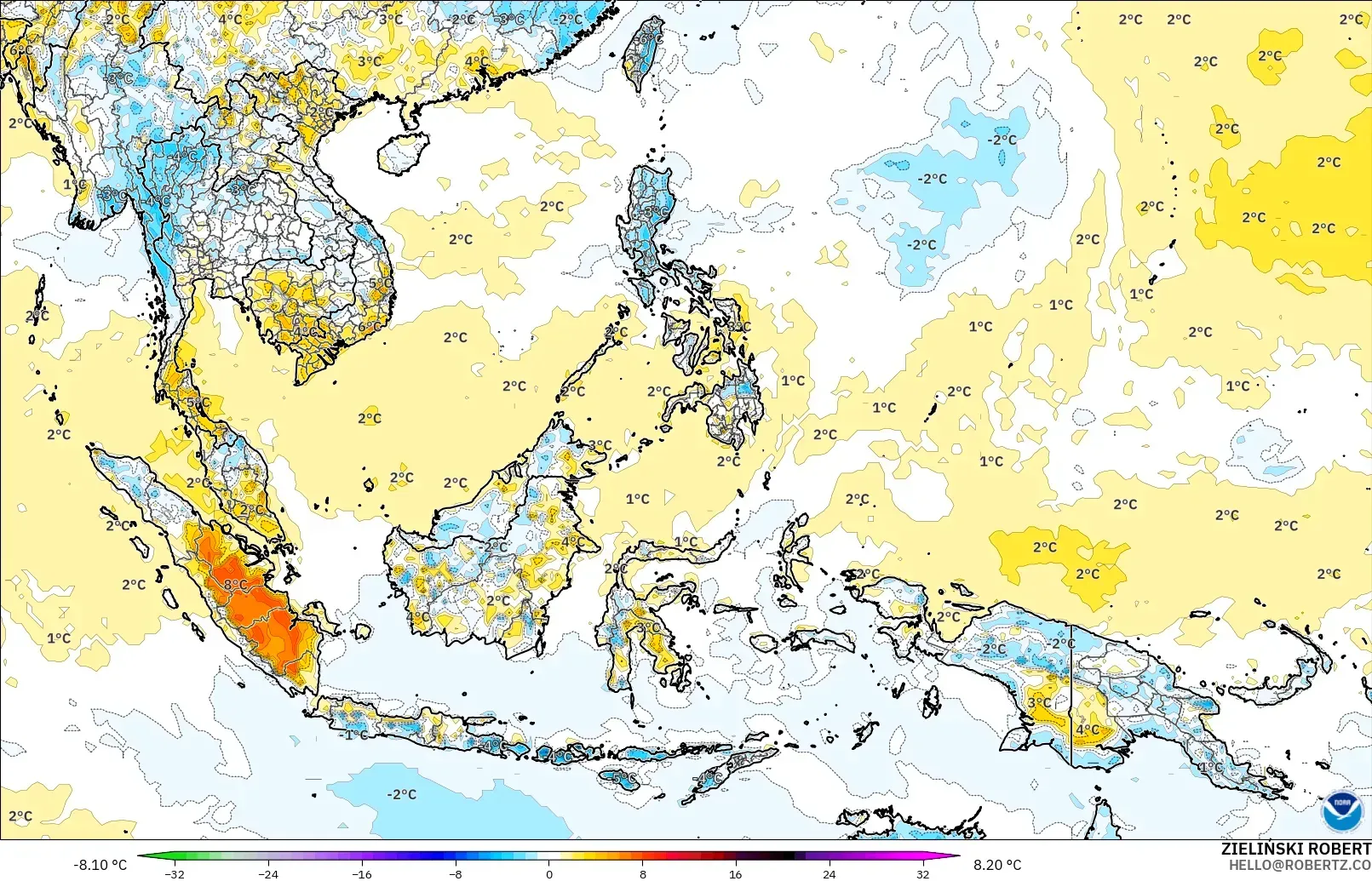 GFS model - South East Asia, Temperature at 2m Anomaly