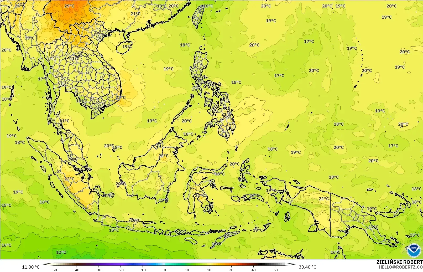 GFS model - South East Asia, Temperature at 850hPa