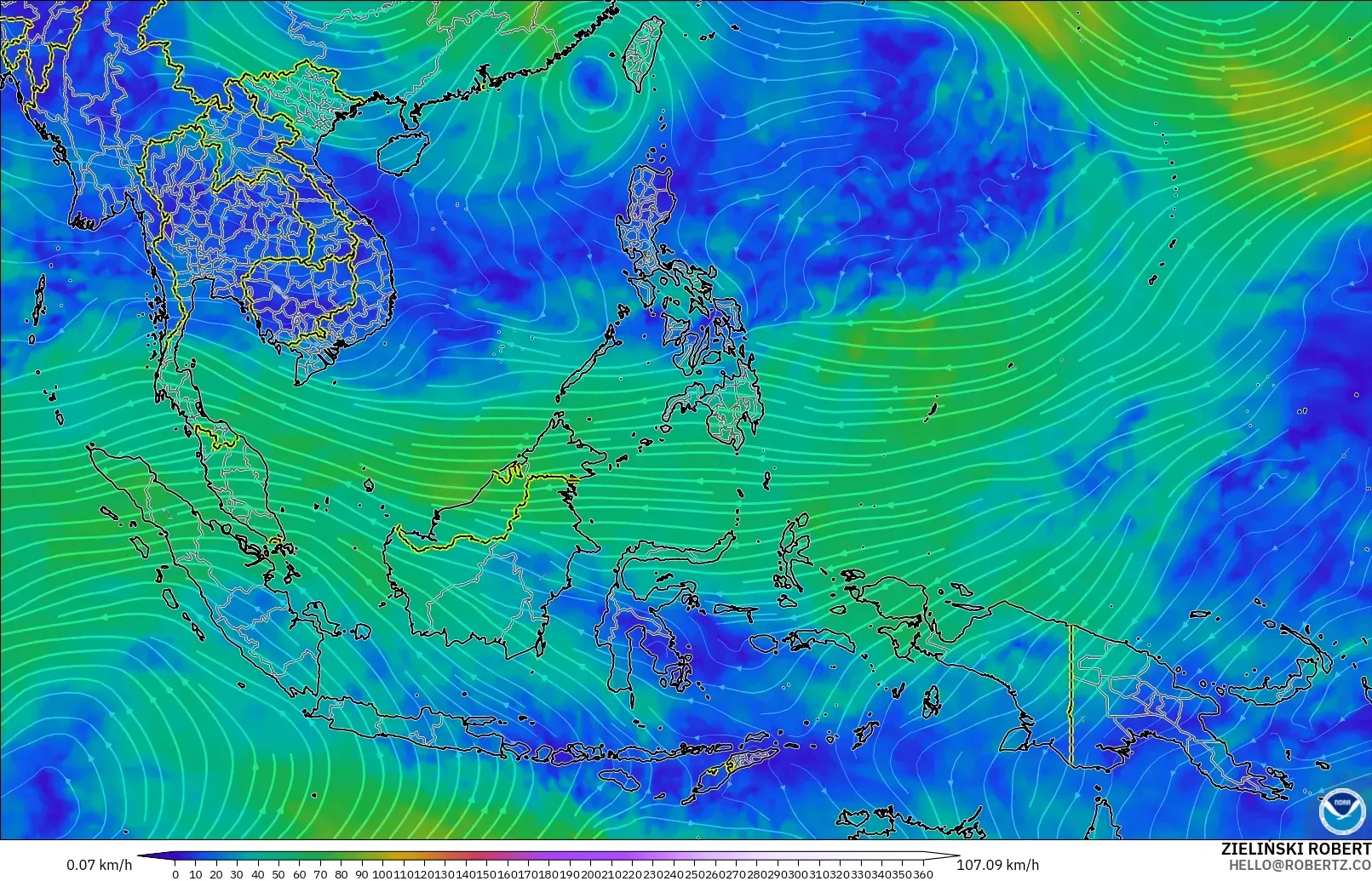 GFS model - South East Asia, Wind at 300hPa (jet stream)