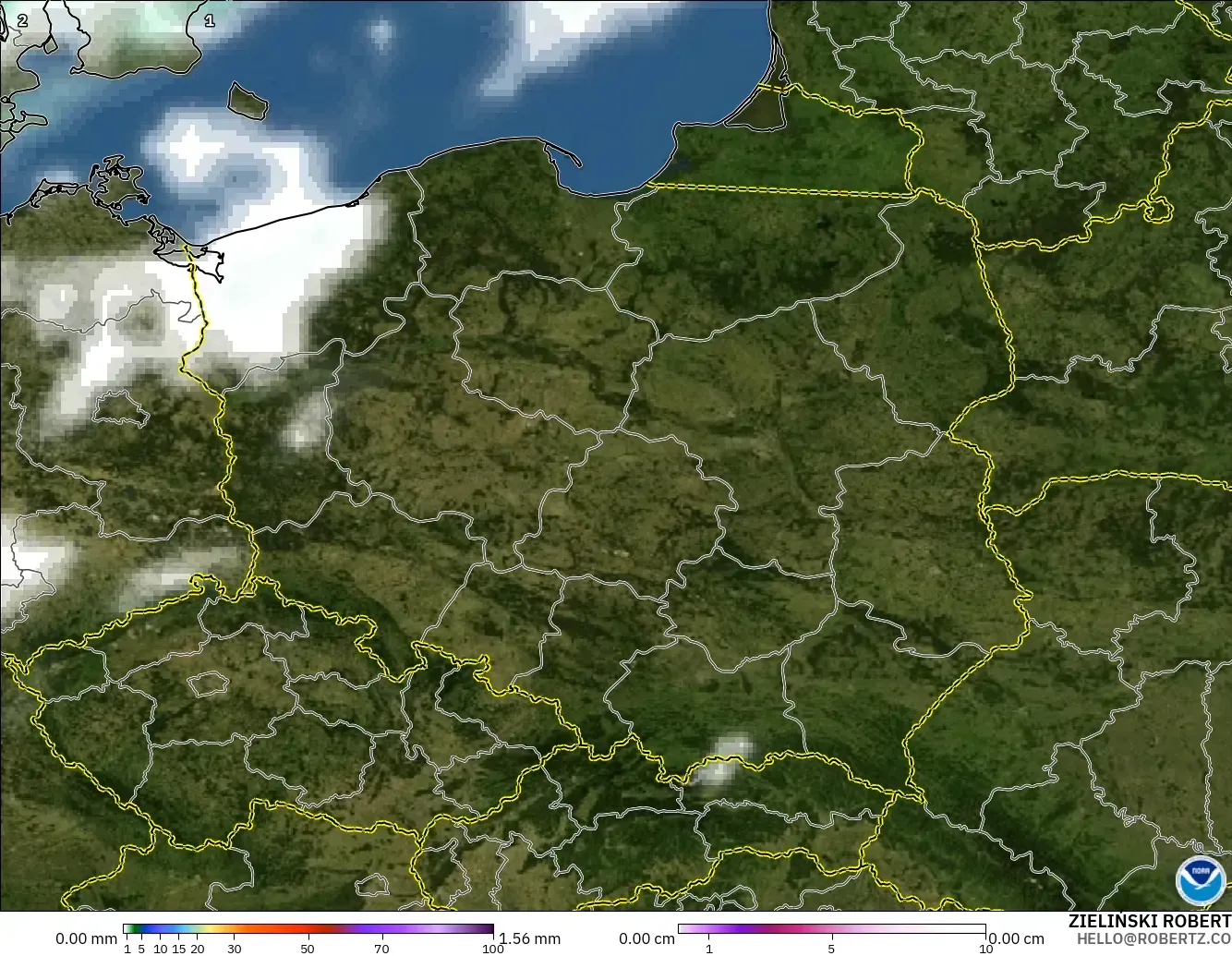 GFS model - Poland, Precipitation, Clouds, and Pressure
