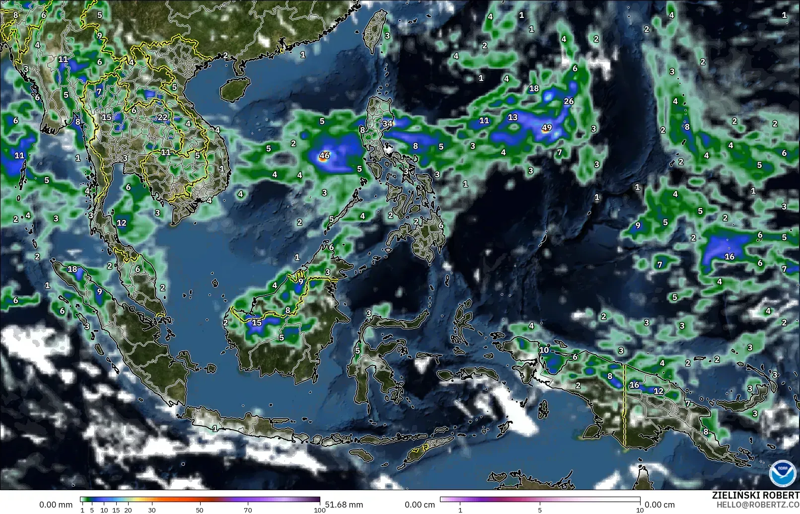 GFS model - South East Asia, Precipitation, Clouds, and Pressure