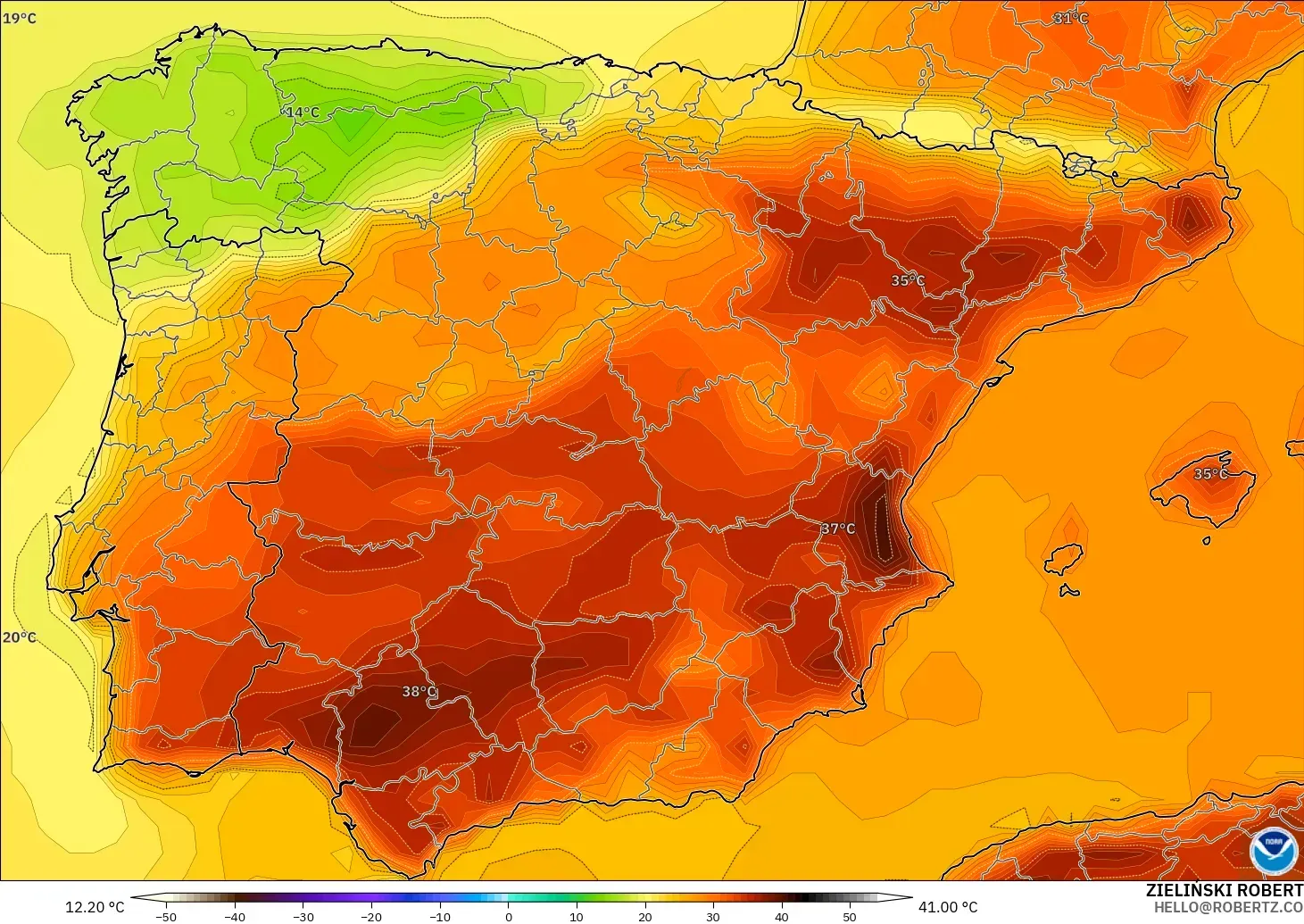 GFS model - Spain, Temperature at 2m