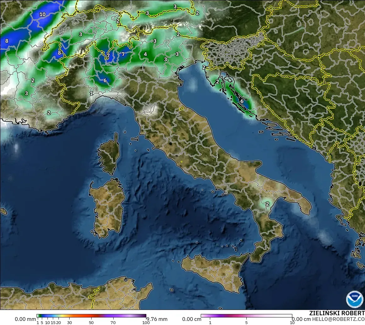 GFS model - Italy, Precipitation, Clouds, and Pressure