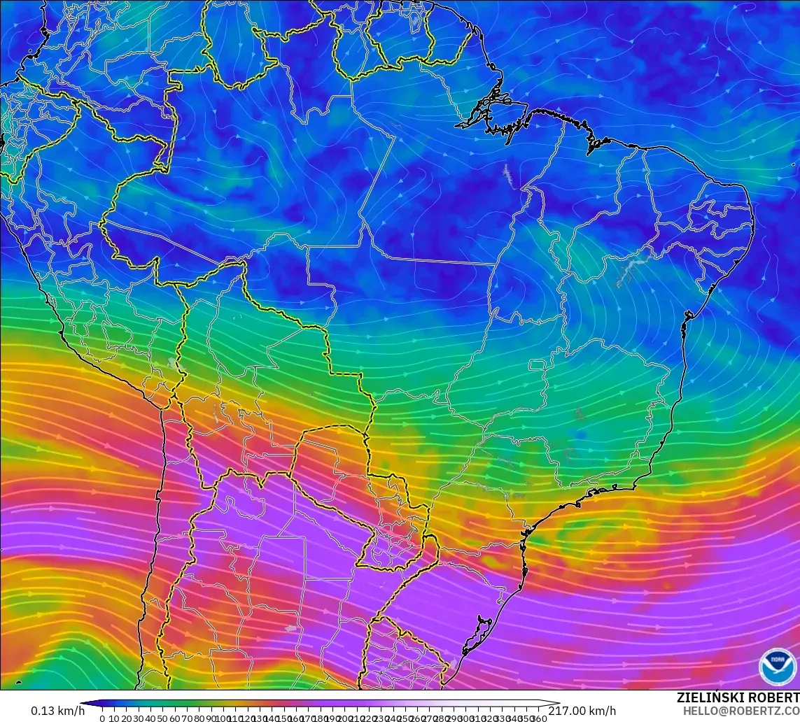 GFS model - Brazil, Wind at 300hPa (jet stream)