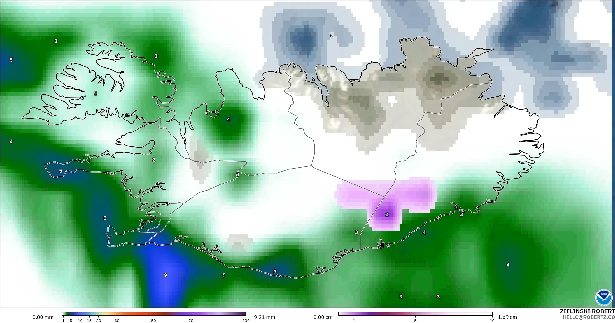 GFS model - Iceland, Precipitation, Clouds, and Pressure