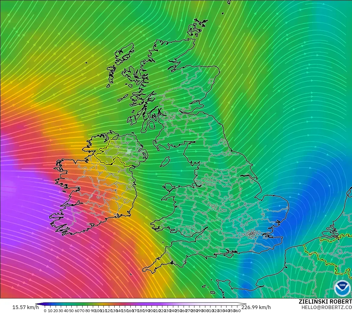 GFS model - United Kingdom, Wind at 300hPa (jet stream)