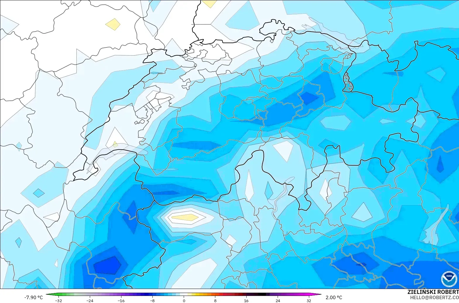 GFS model - Switzerland, Temperature at 2m Anomaly