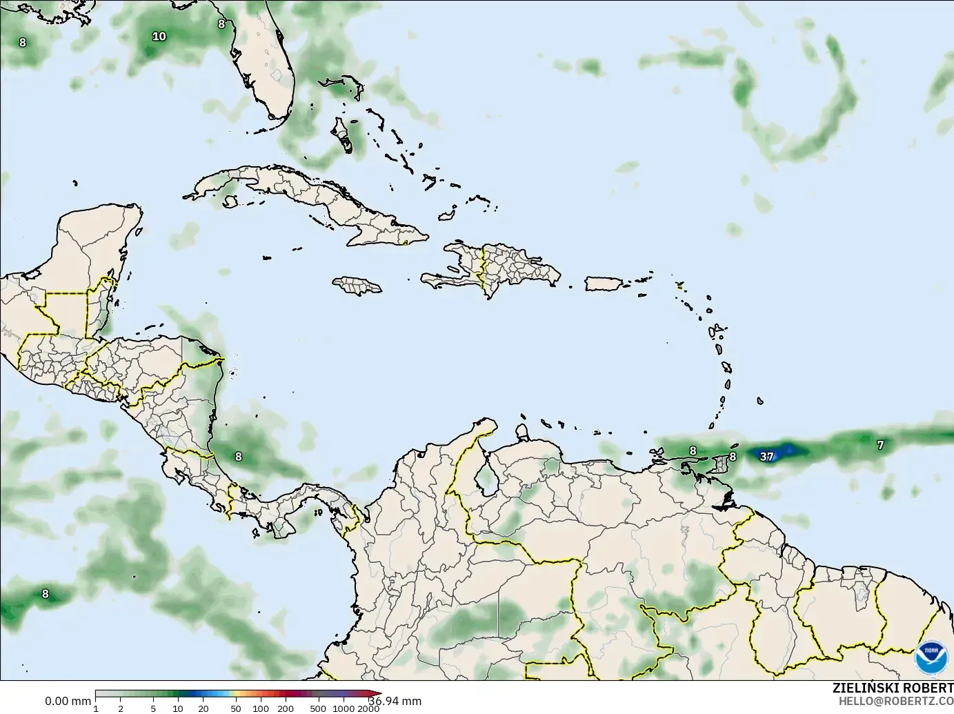 GFS model - Caribbean, Precipitation Accumulation
