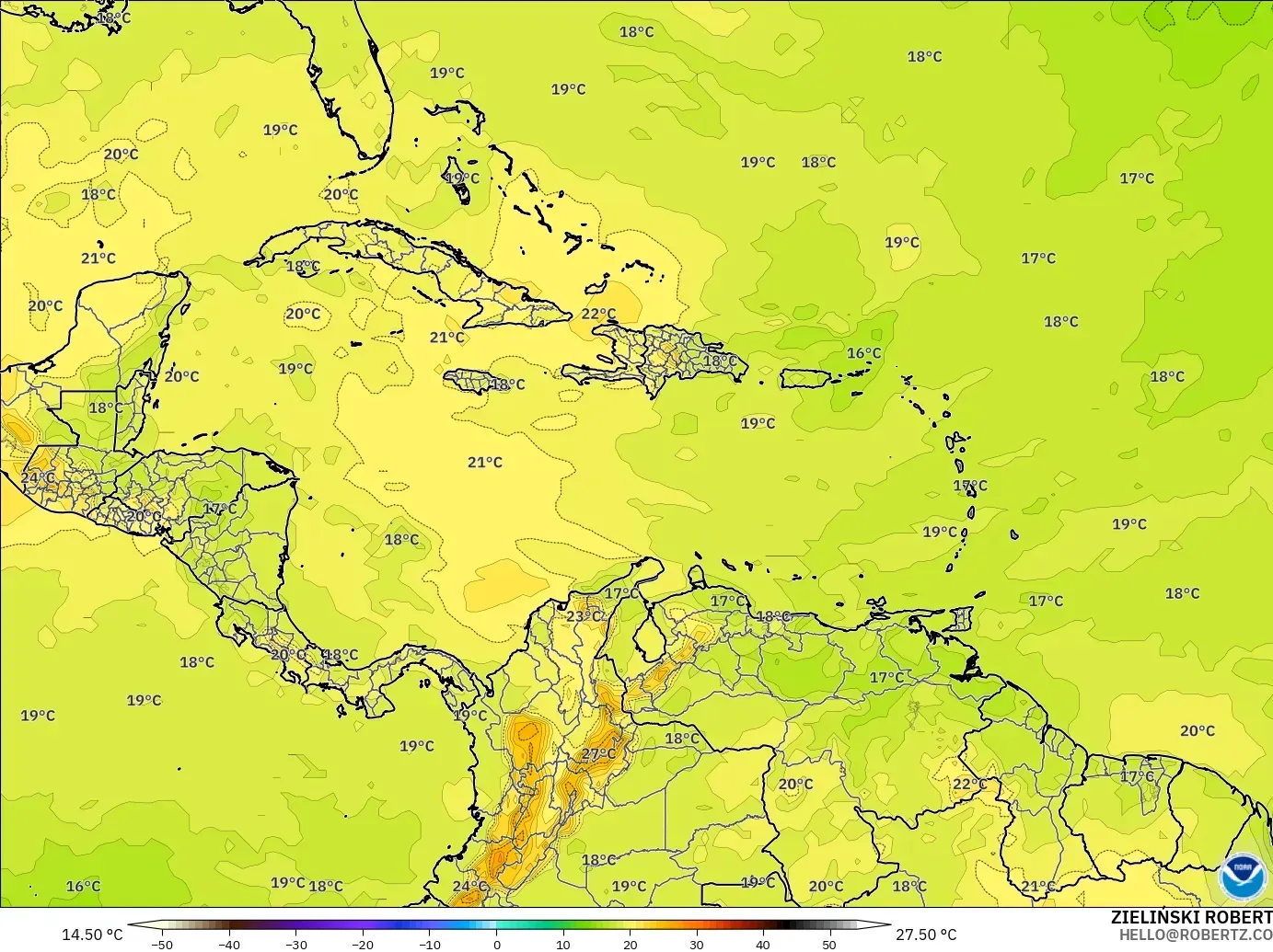 GFS model - Caribbean, Temperature at 850hPa