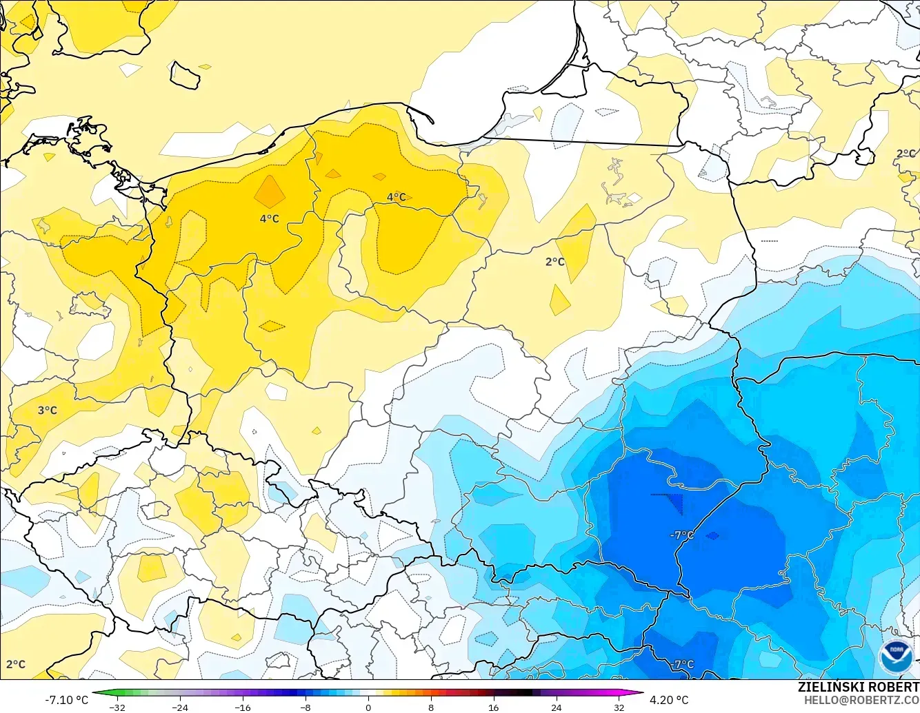 GFS model - Poland, Temperature at 2m Anomaly