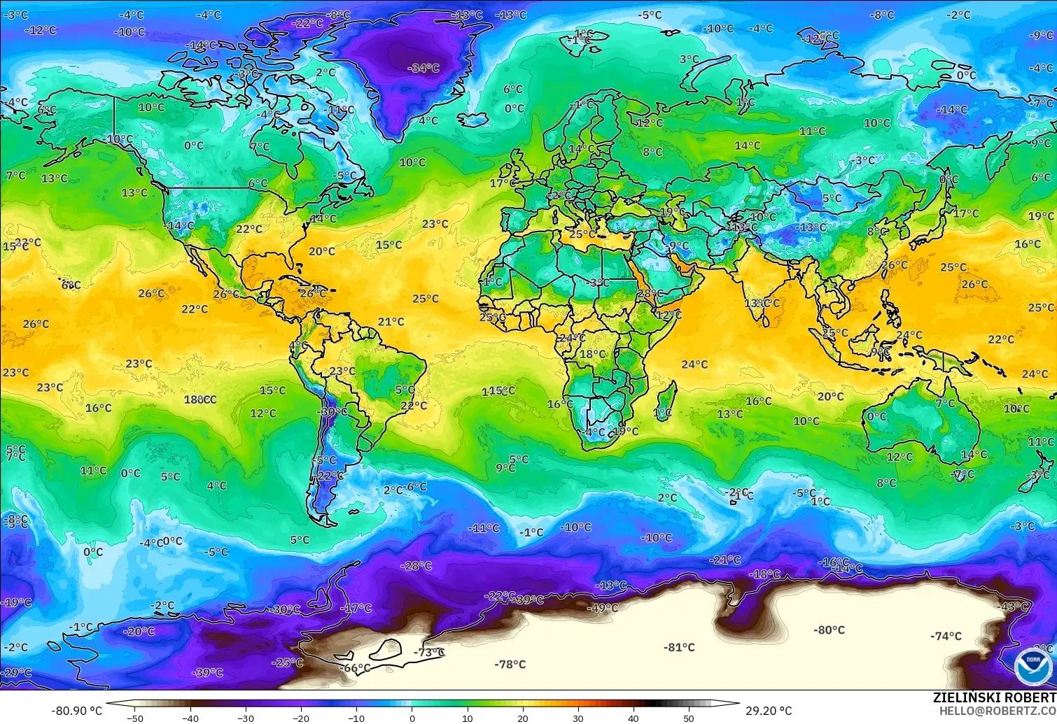 GFS model - World, Dewpoint at 2m