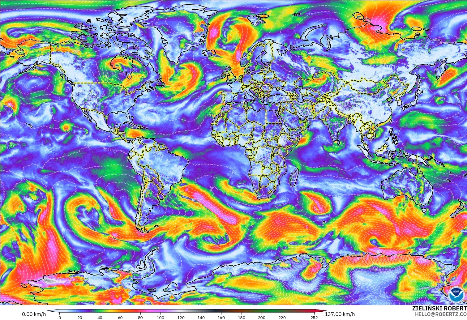 GFS model - World, Wind Gusts