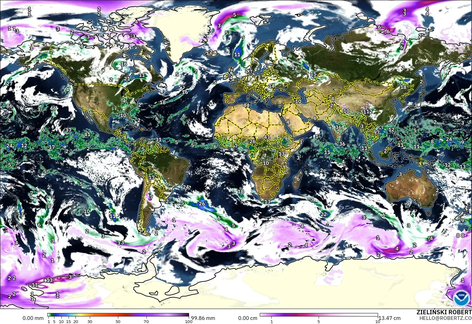 GFS model - World, Precipitation, Clouds, and Pressure
