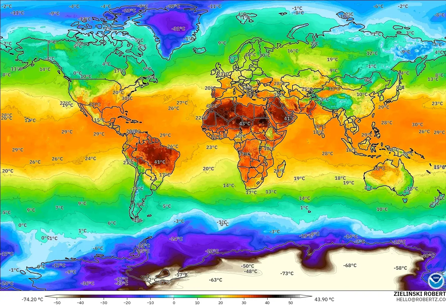 GFS model - World, Temperature at 2m