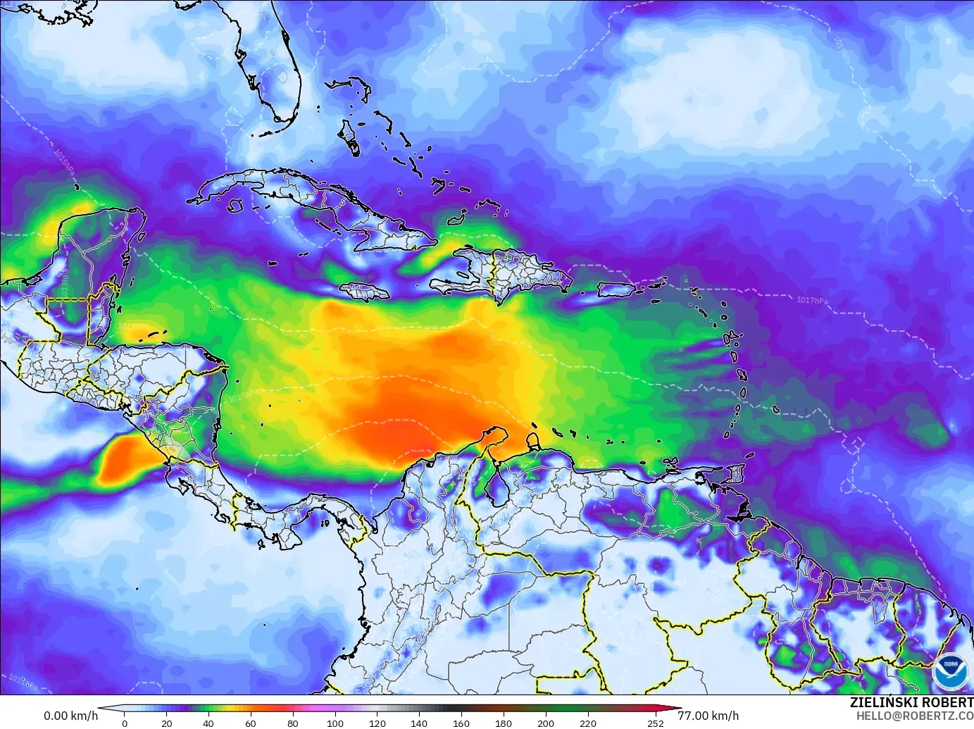 GFS model - Caribbean, Wind Gusts