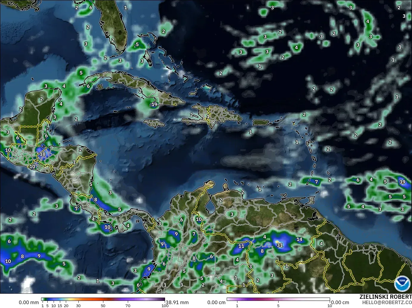 GFS model - Caribbean, Precipitation, Clouds, and Pressure