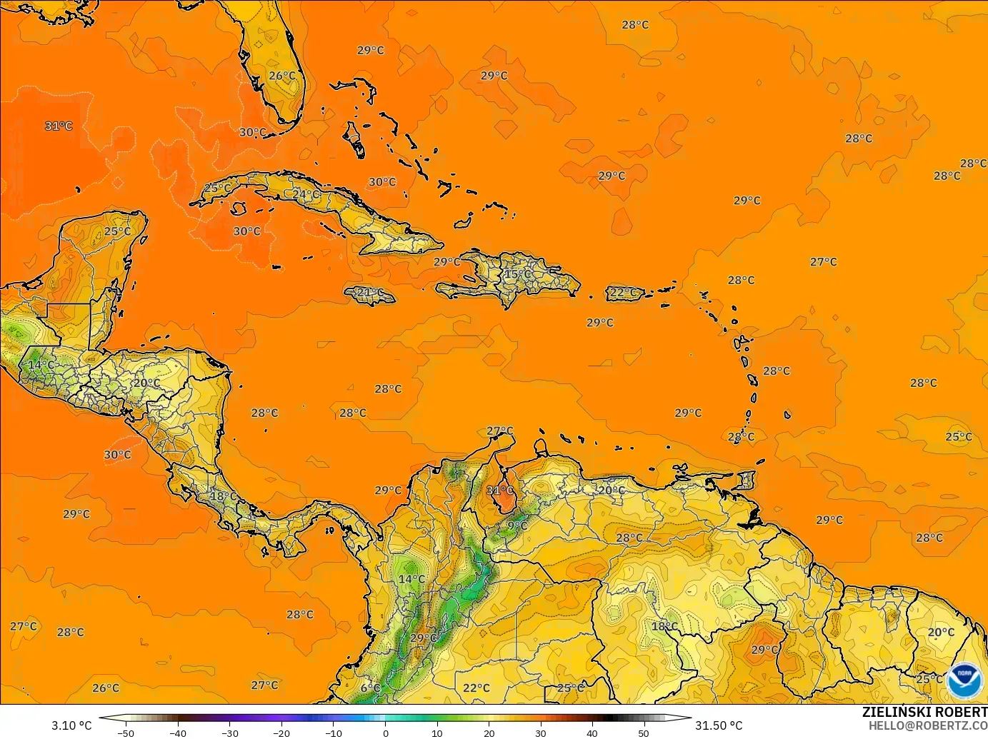 GFS model - Caribbean, Temperature at 2m