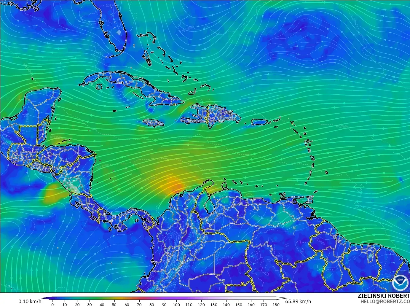 GFS model - Caribbean, Wind at 10m
