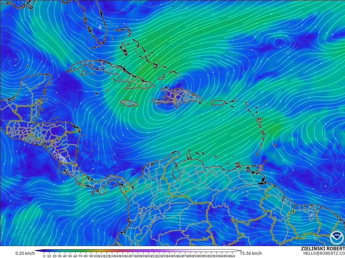 GFS model - Caribbean, Wind at 300hPa (jet stream)