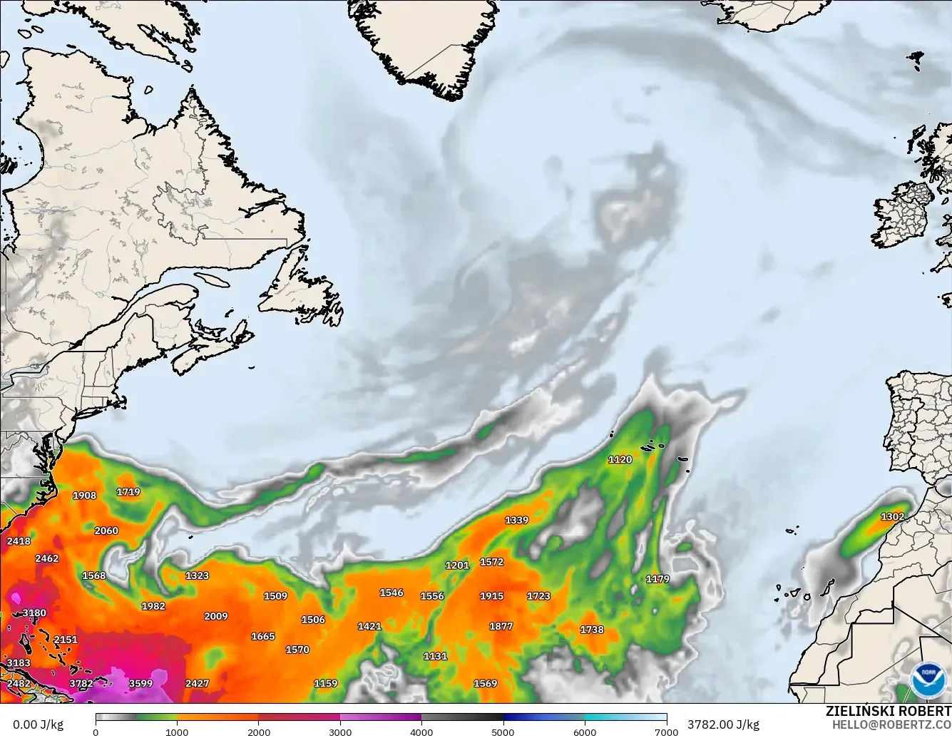 GFS model - North Atlantic, CAPE