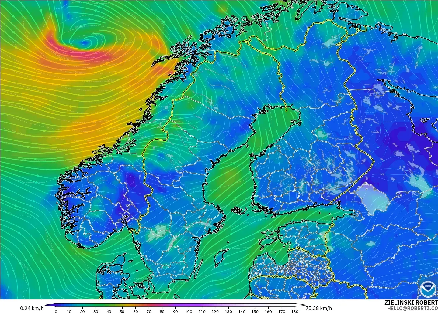 GFS model - Scandinavia, Wind at 10m