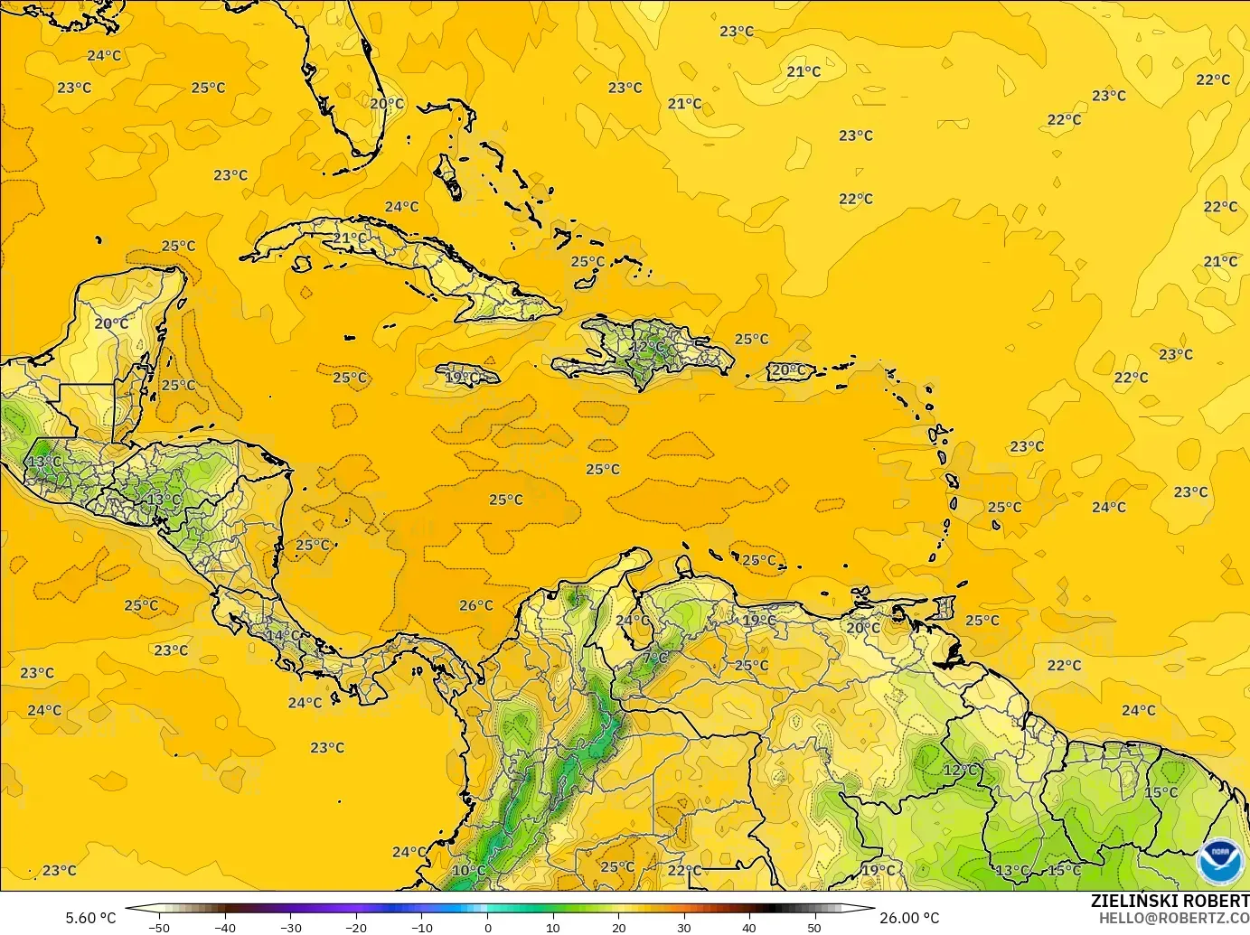 GFS model - Caribbean, Dewpoint at 2m
