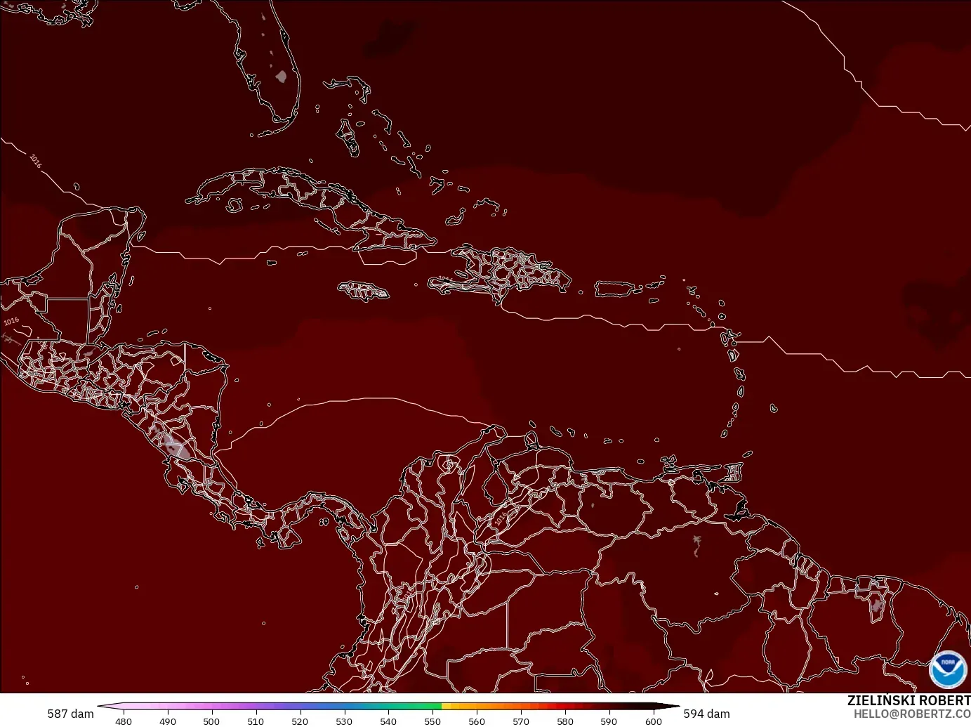 GFS model - Caribbean, Geopotential height at 500hPa