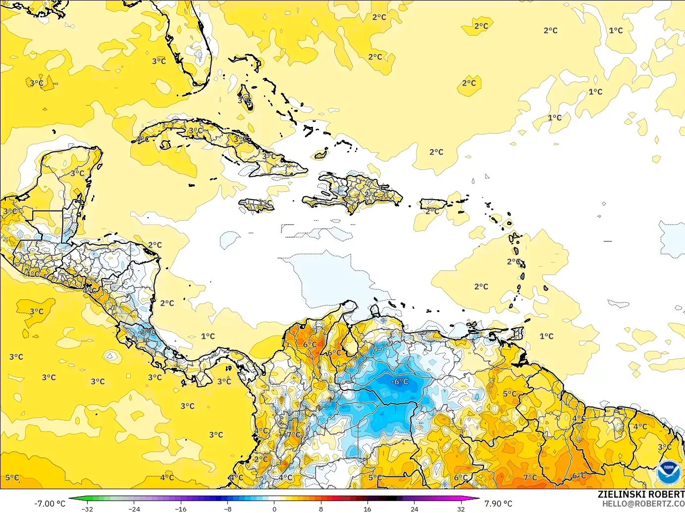 GFS model - Caribbean, Temperature at 2m Anomaly