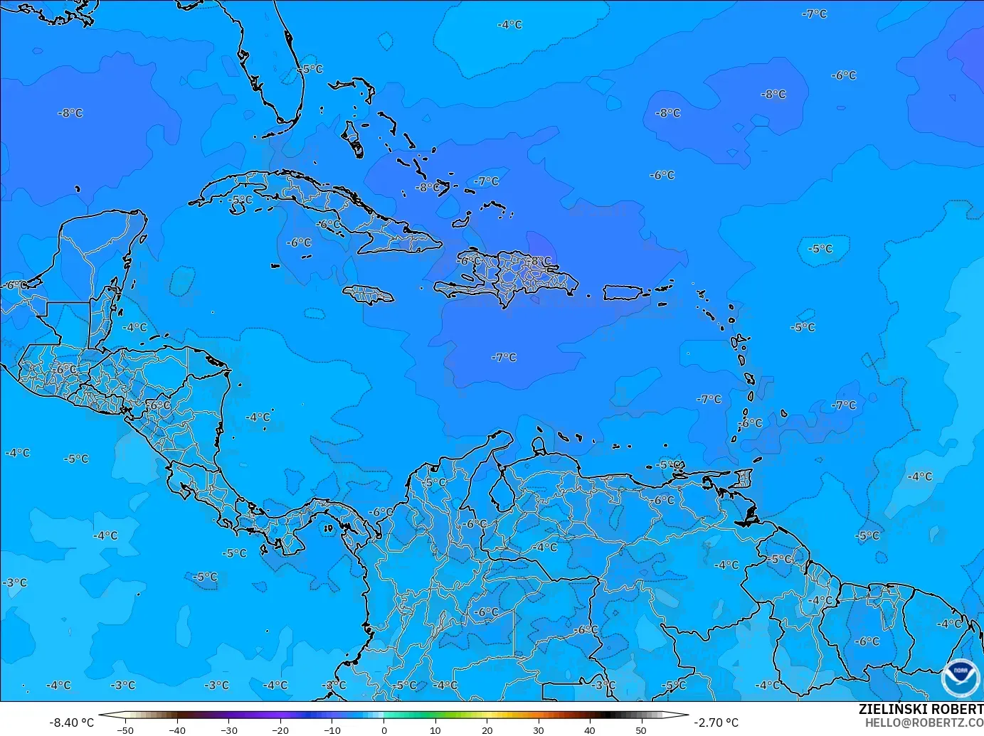 GFS model - Caribbean, Temperature at 500hPa