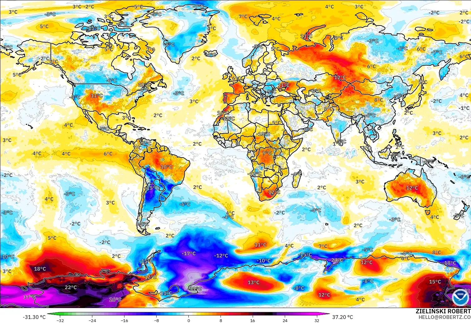GFS model - World, Temperature at 2m Anomaly