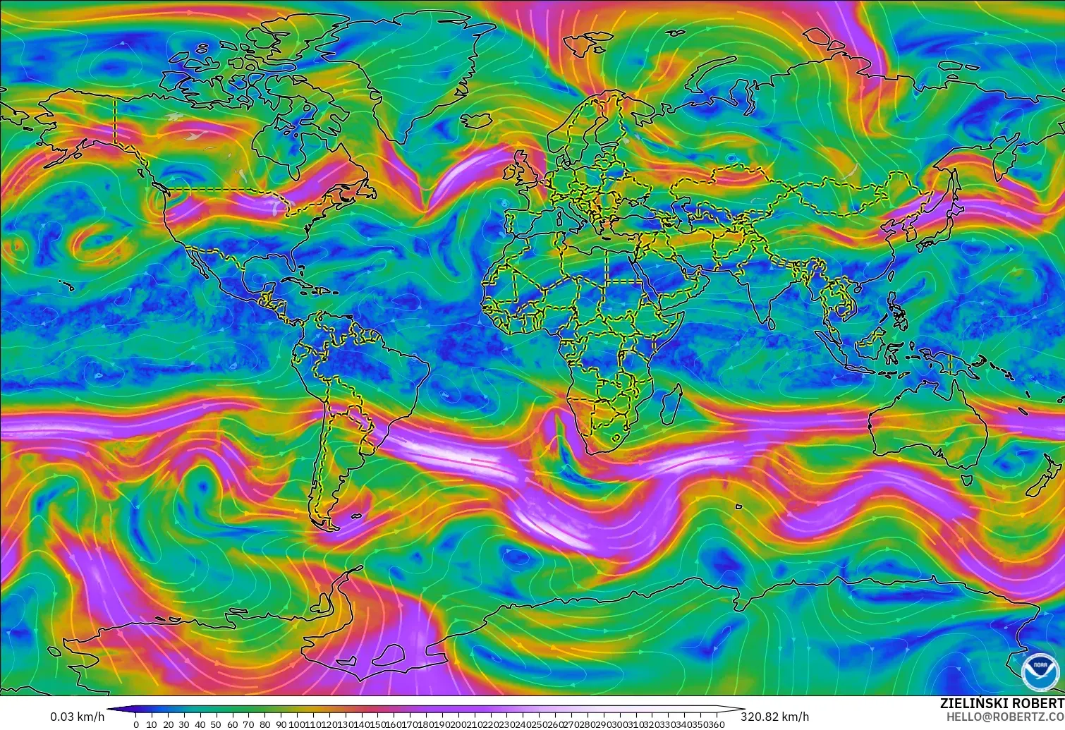 GFS model - World, Wind at 300hPa (jet stream)