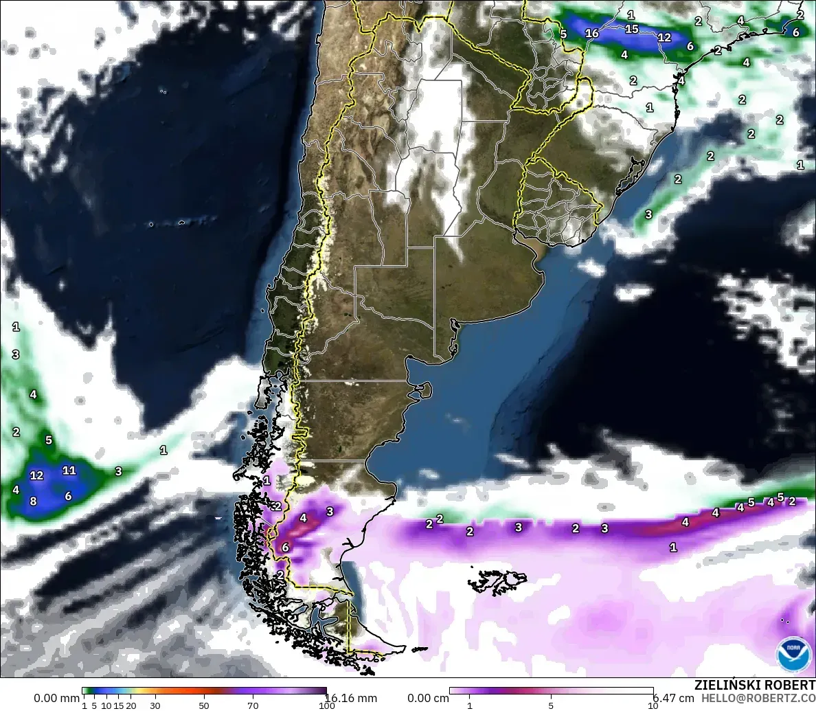 GFS model - Argentina, Precipitation, Clouds, and Pressure